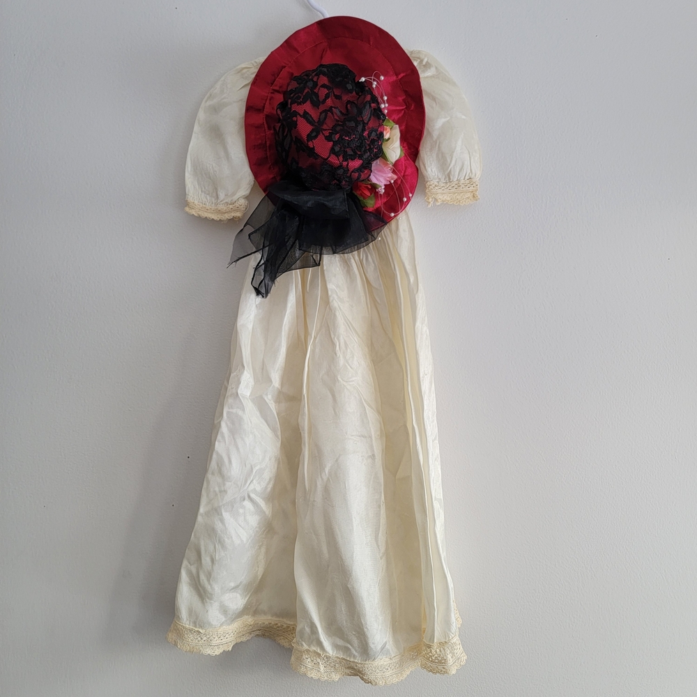Vintage Cream Lace Doll Dress Red Hat Victorian Gown Decor Cottagecore